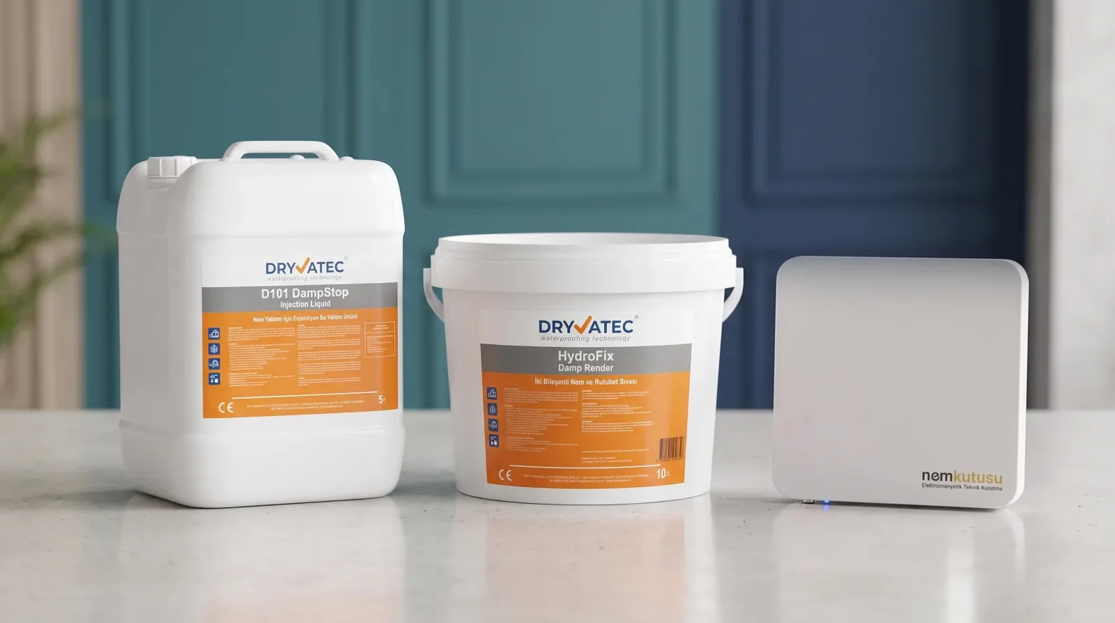 Dryvatec Üçlü Nem Çözüm Sistemi - DampStop enjeksiyon, HydroFix nem sıvası ve Nem Kutusu ürün ailesi bir arada